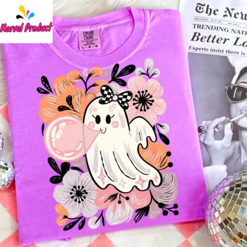 Floral Pink Ghost Halloween Shirt - Image 2
