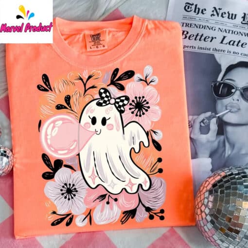 Floral Pink Ghost Halloween Shirt - Image 3