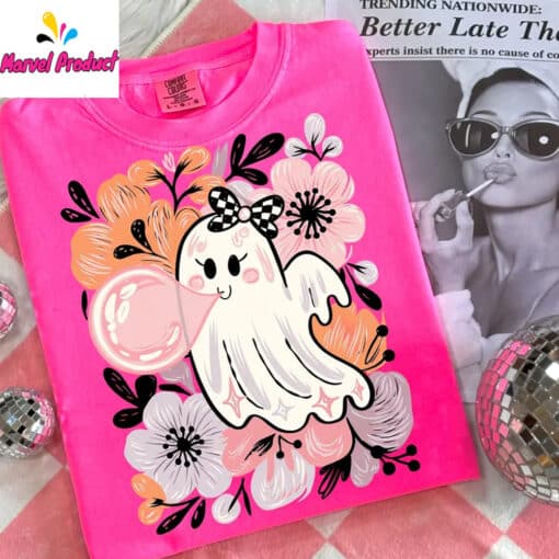 Floral Pink Ghost Halloween Shirt - Image 4