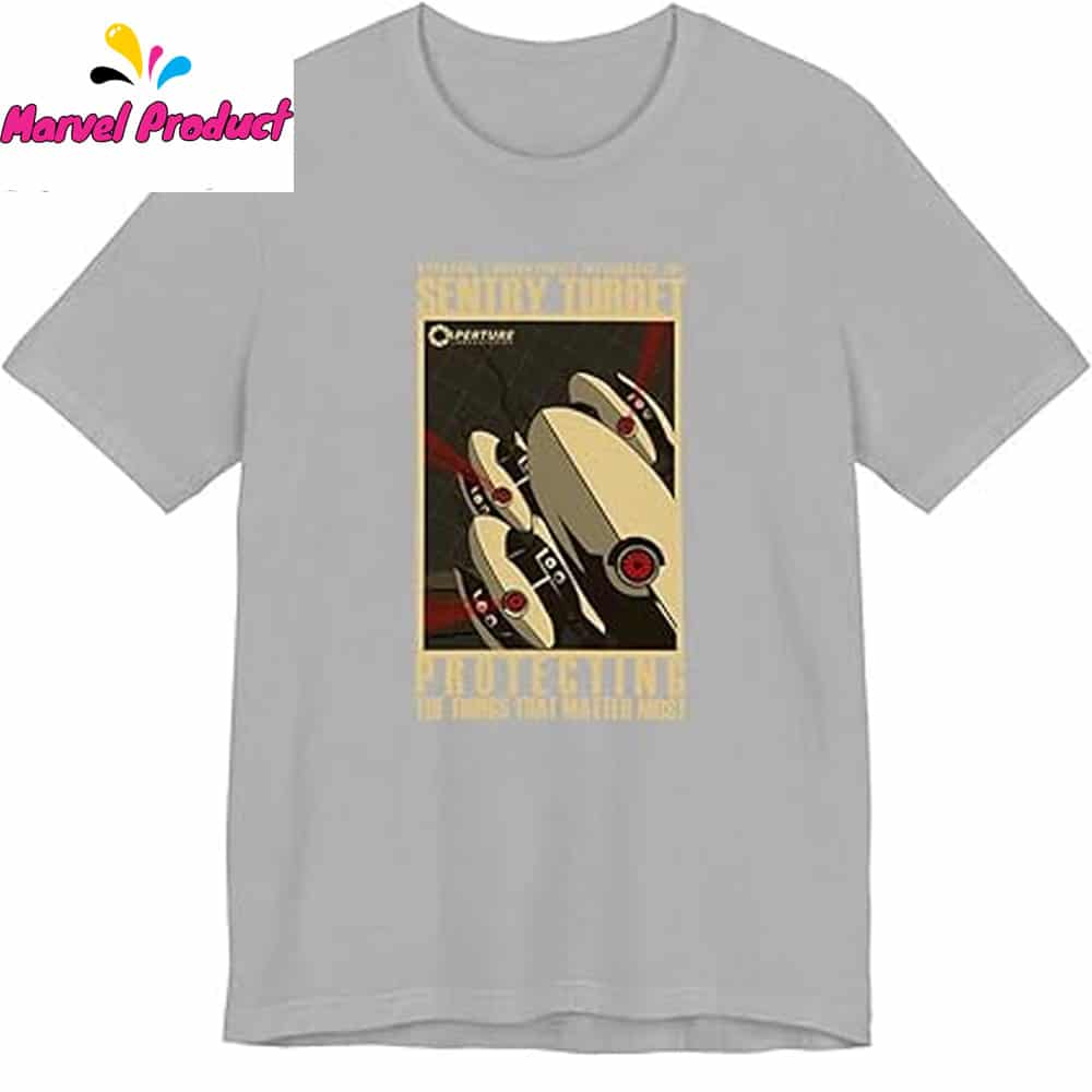 A person wearing the Portal Game Series Sentry Turret T-Shirt