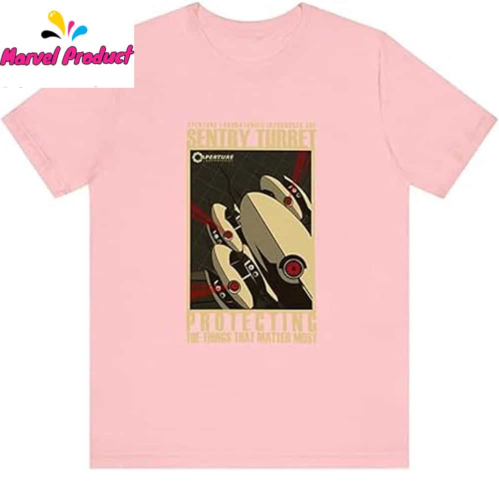A creative layout of the Portal Game Series Sentry Turret T-Shirt