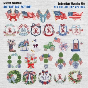 Set 27 Coquette Usa Embroidery Designs, America Flag Frame Embroidery Files, Patriotic USA 250th Pattern, USA Coquette Bow File, 5 sizes
