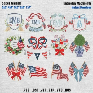 Set 13 Coquette Usa Embroidery Designs, America Flag Frame Embroidery Files, Patriotic USA 250th Pattern, USA Coquette Bow File, 5 sizes