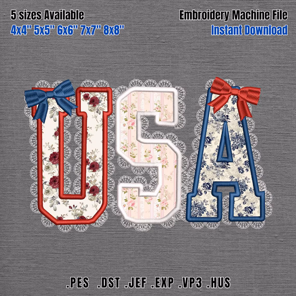 Usa Lace Applique Embroidery Design, USA Coquette Bow Applique File, 250th anniversary America Design, 4th of July USA Embroidery, 5 sizes