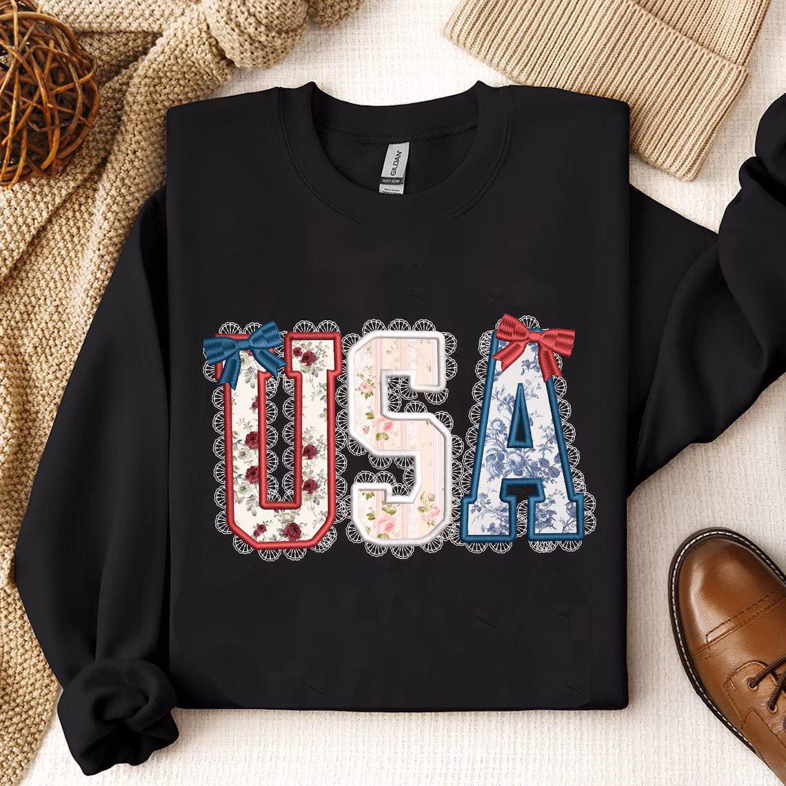 Usa Lace Applique Embroidery Design, USA Coquette Bow Applique File, 250th anniversary America Design, 4th of July USA Embroidery, 5 sizes
