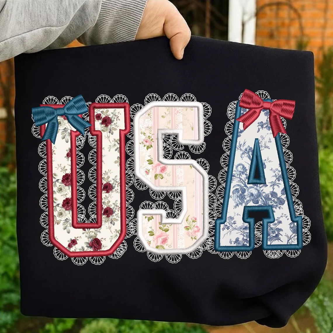 Usa Lace Applique Embroidery Design, USA Coquette Bow Applique File, 250th anniversary America Design, 4th of July USA Embroidery, 5 sizes