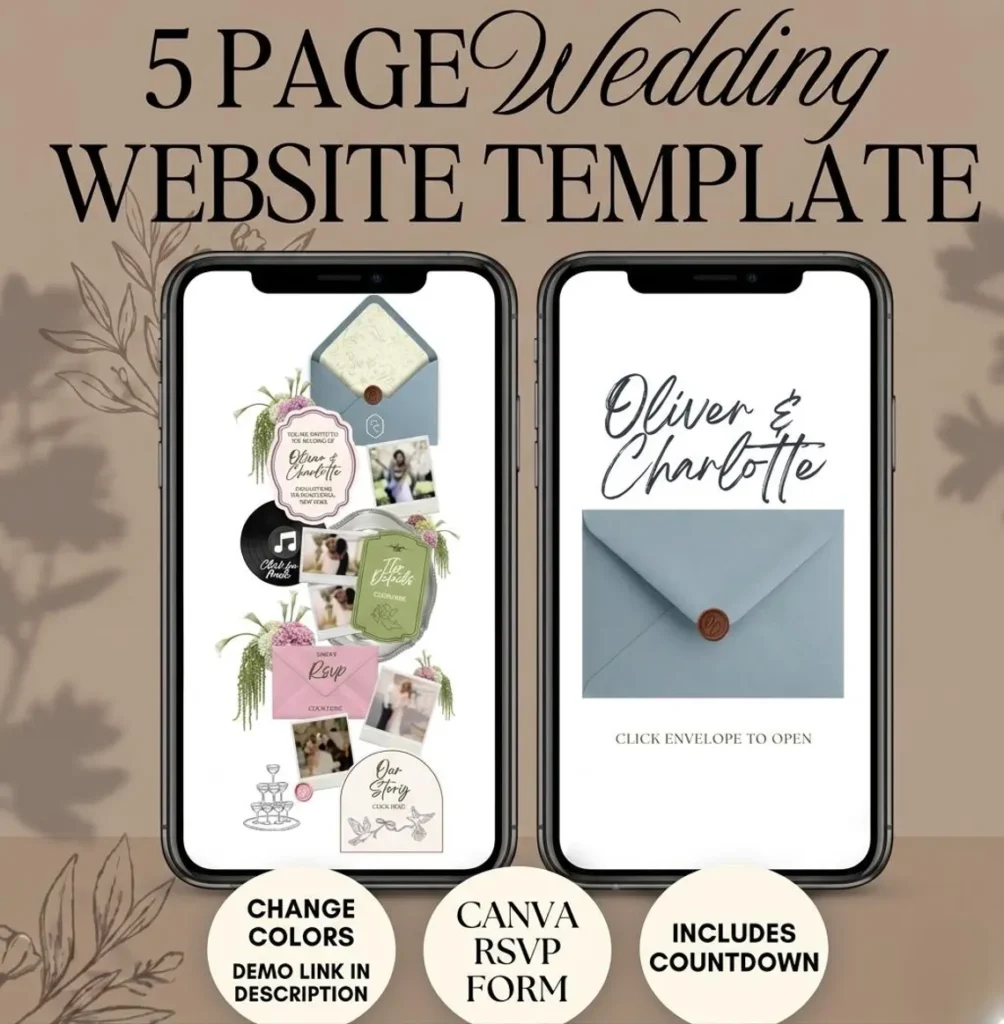 Wedding Website Template Canva RSVP Floral Digital Invitation Elegant Countdown Editable