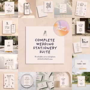 Illustrated Wedding Stationery Suite: Hand-drawn Editable Invite (Canva Template)