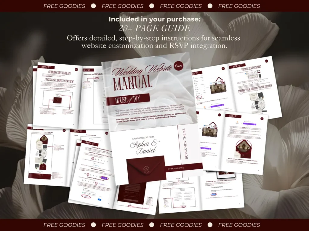 MarvelProduct.NET Burgundy and Ivory Wedding Website Template with RSVP Elegant Editable Old Money Canva Site Digital Invitation for Classic Wedding