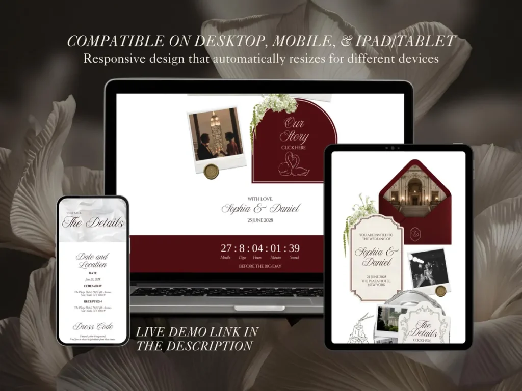 MarvelProduct.NET Burgundy and Ivory Wedding Website Template with RSVP Elegant Editable Old Money Canva Site Digital Invitation for Classic Wedding