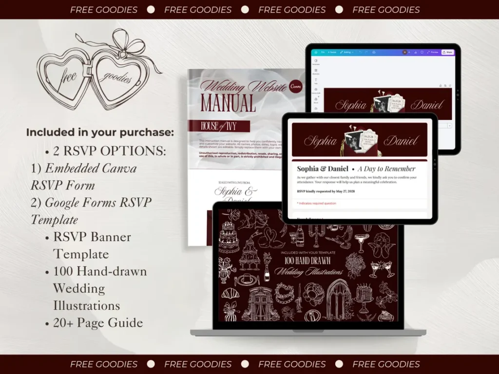 MarvelProduct.NET Burgundy and Ivory Wedding Website Template with RSVP Elegant Editable Old Money Canva Site Digital Invitation for Classic Wedding