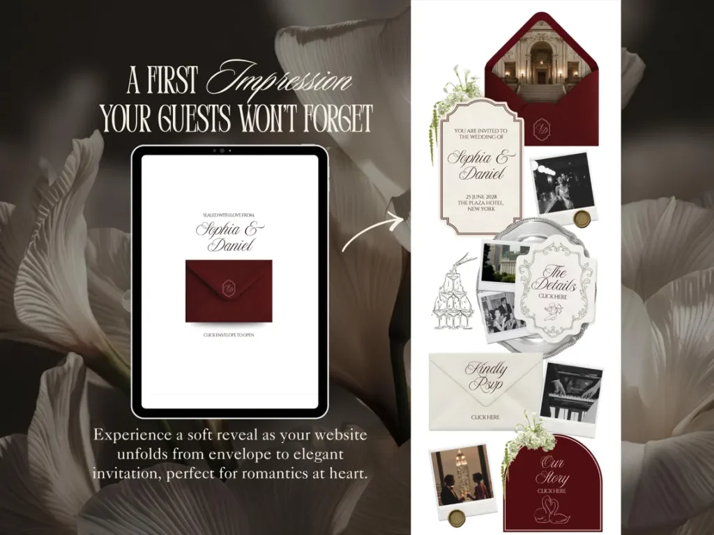 MarvelProduct.NET Burgundy and Ivory Wedding Website Template with RSVP Elegant Editable Old Money Canva Site Digital Invitation for Classic Wedding