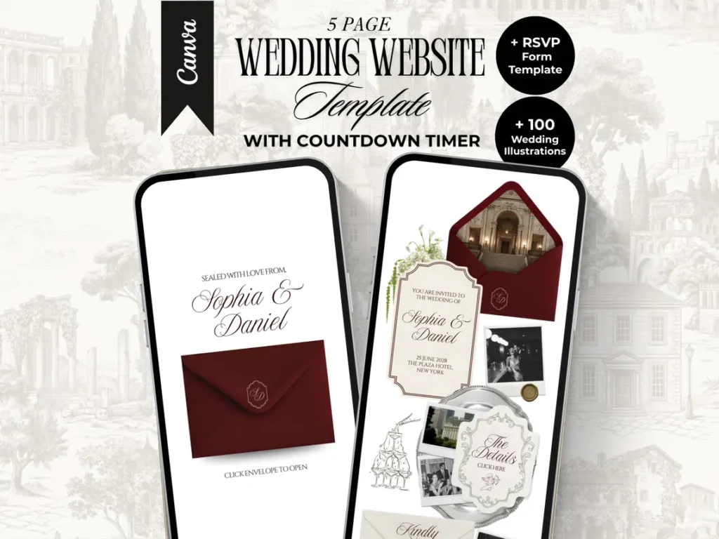 MarvelProduct.NET Burgundy and Ivory Wedding Website Template with RSVP Elegant Editable Old Money Canva Site Digital Invitation for Classic Wedding