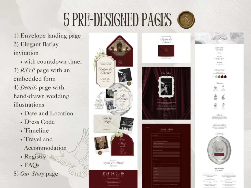 MarvelProduct.NET Burgundy and Ivory Wedding Website Template with RSVP Elegant Editable Old Money Canva Site Digital Invitation for Classic Wedding