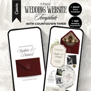 MarvelProduct.NET Burgundy and Ivory Wedding Website Template with RSVP Elegant Editable Old Money Canva Site Digital Invitation for Classic Wedding